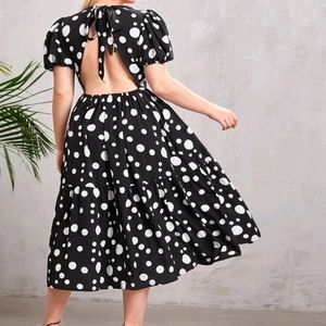 NEW Plus Size Polka Dot Print Bishop Sleeves Backless Dress